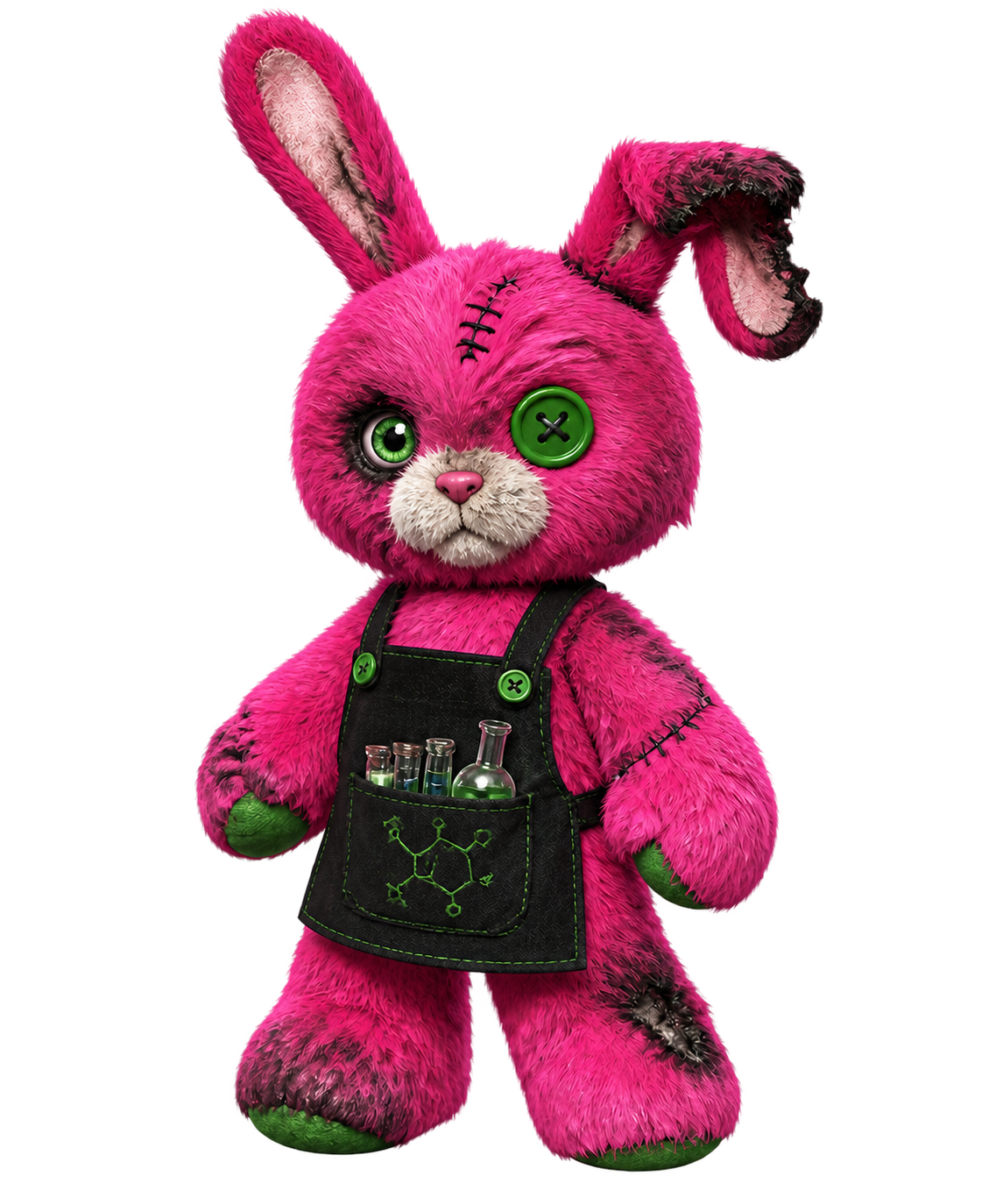 Selected chemistry plush mascot as a brand accent, not a product photo
