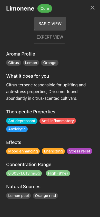 Terpene Explorer mobile modal capture