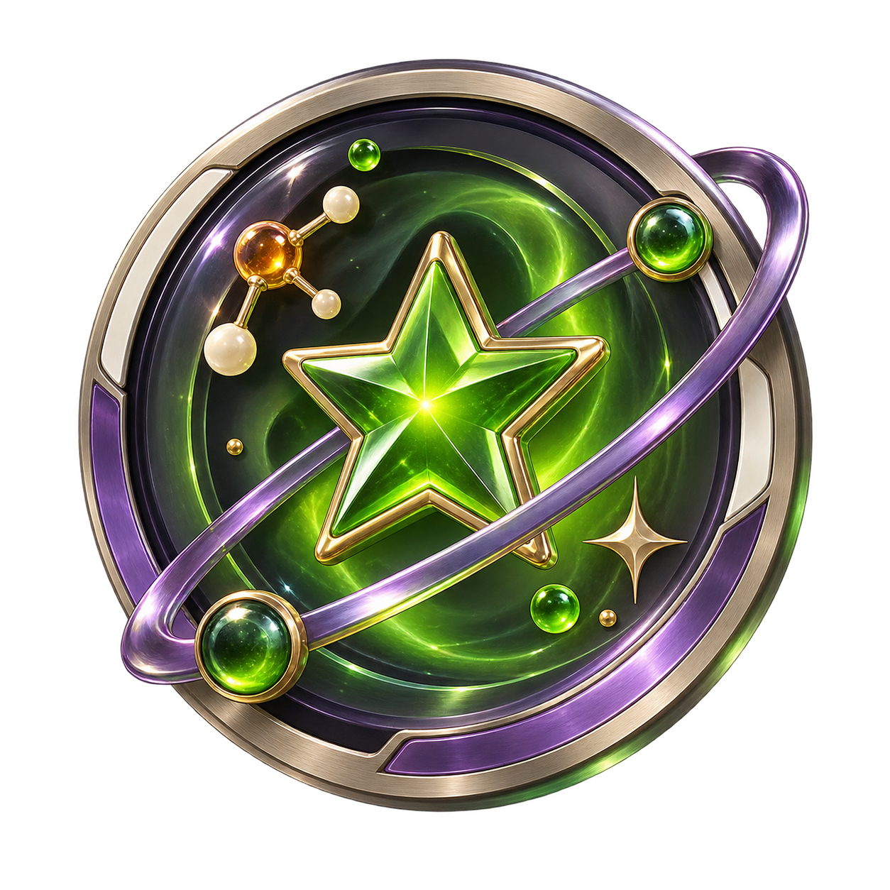 Violet orbit emblem with a green star