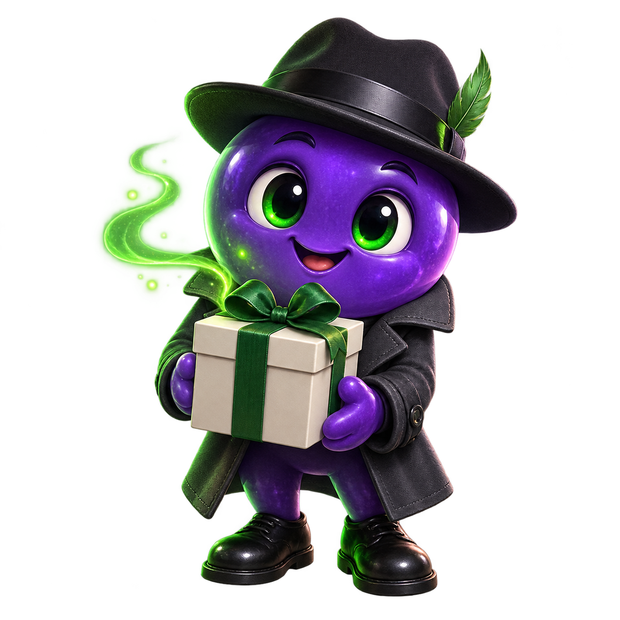 Purple Orbit holding a plain green and bone gift box